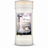 In Loving Memory prayer pillar candle — single front view on a white studio background