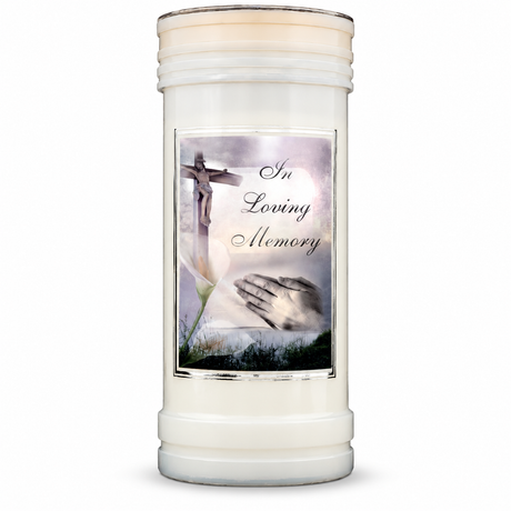 In Loving Memory prayer pillar candle — single front view on a white studio background