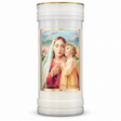 Our Lady of the Rosary prayer pillar candle — single front view on a white studio background