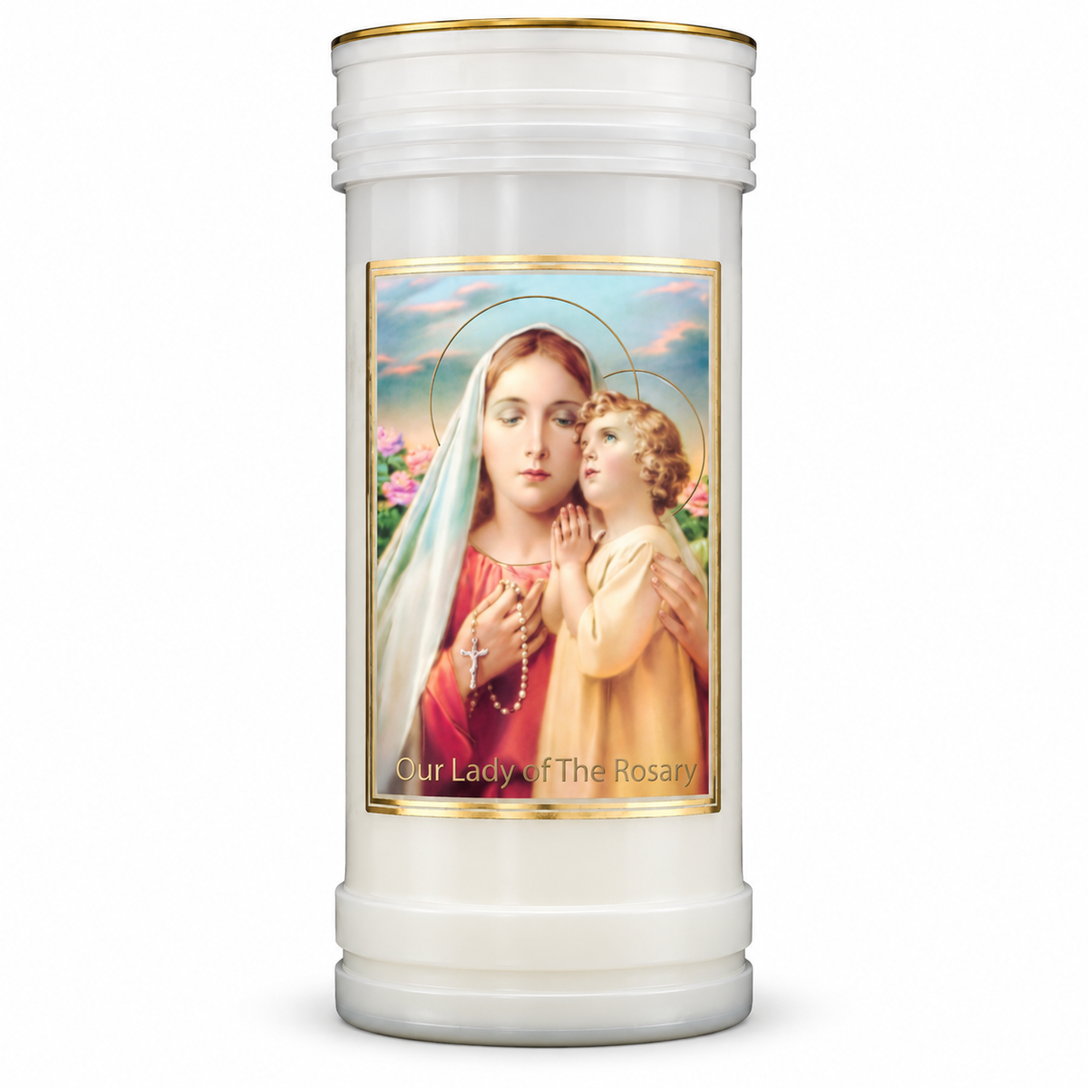 Our Lady of the Rosary prayer pillar candle — single front view on a white studio background