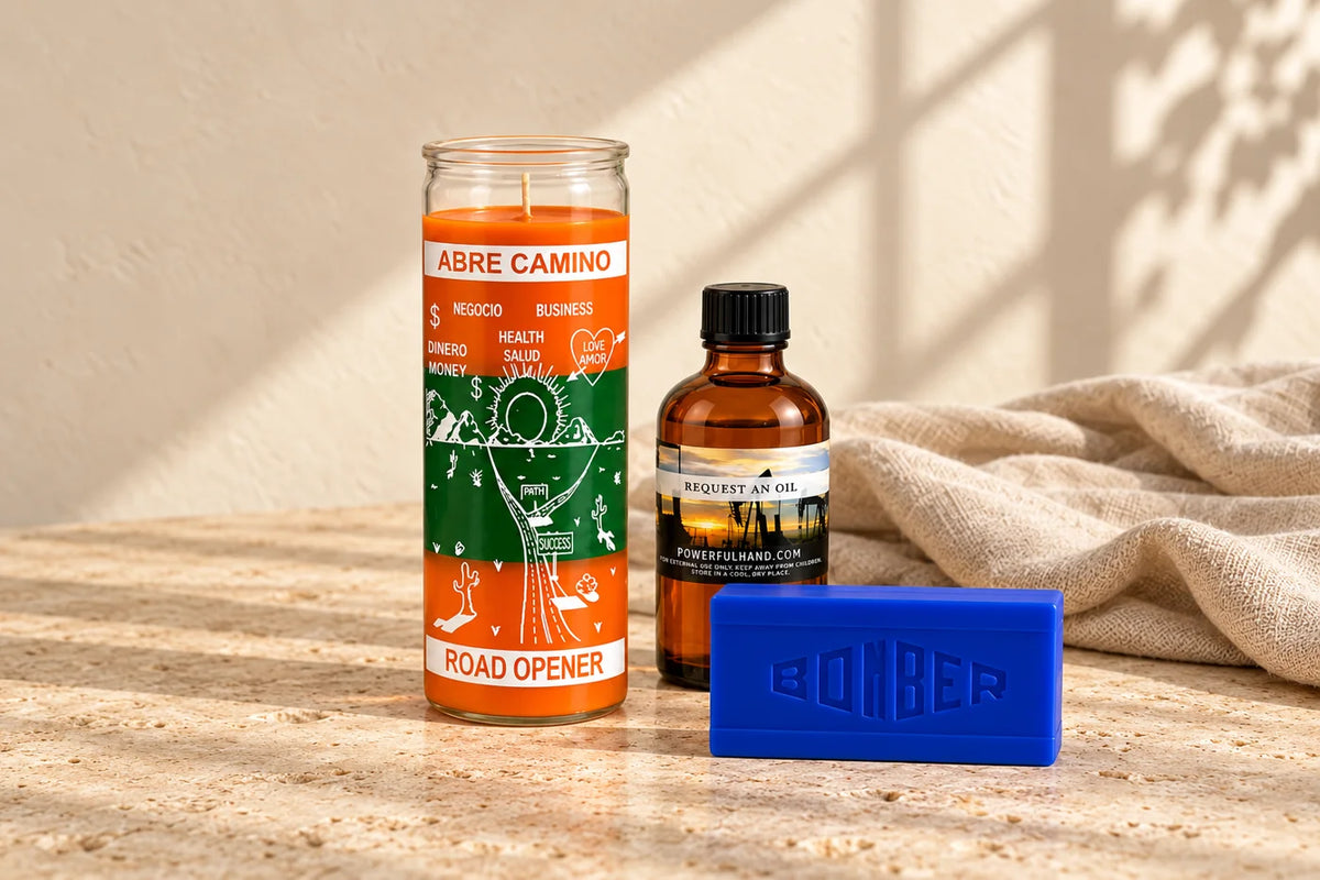 Road Opener candle, Request an Oil and Bomber Blue soap on warm stone