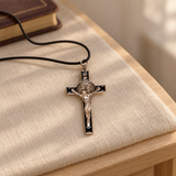 Saint Benedict Metal Crucifix – Black Enamel, 3 Inch — styled lifestyle photograph