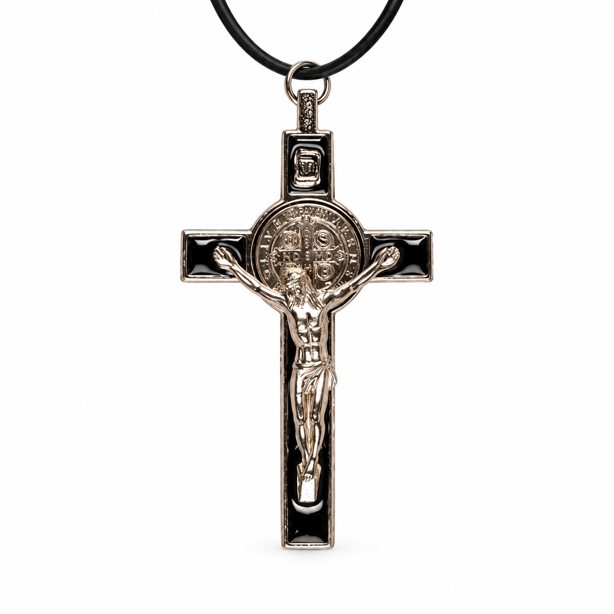 Saint Benedict Metal Crucifix – Black Enamel, 3 Inch — product on a white studio background