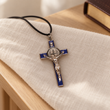 Saint Benedict Metal Crucifix – Blue Enamel, 3 Inch — styled lifestyle photograph