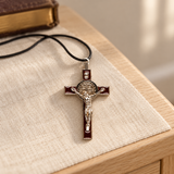 Saint Benedict Metal Crucifix – Brown Enamel, 3 Inch — styled lifestyle photograph
