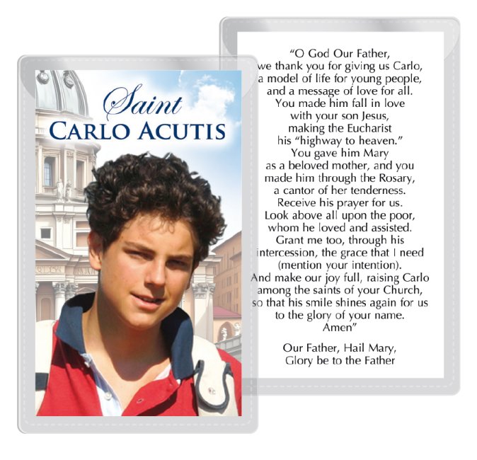 Saint Carlo Acutis Prayer Leaflet in Protective Wallet — product on a white studio background