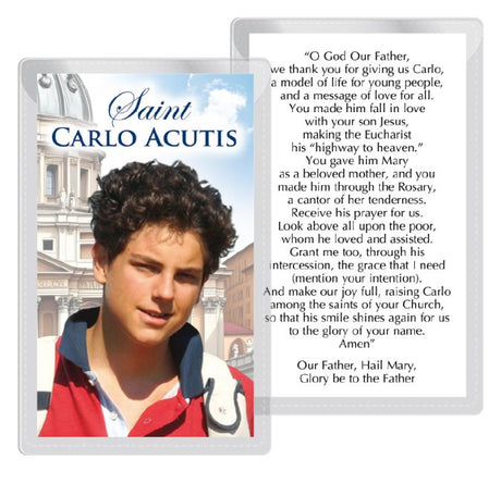 Saint Carlo Acutis Prayer Leaflet in Protective Wallet — product on a white studio background