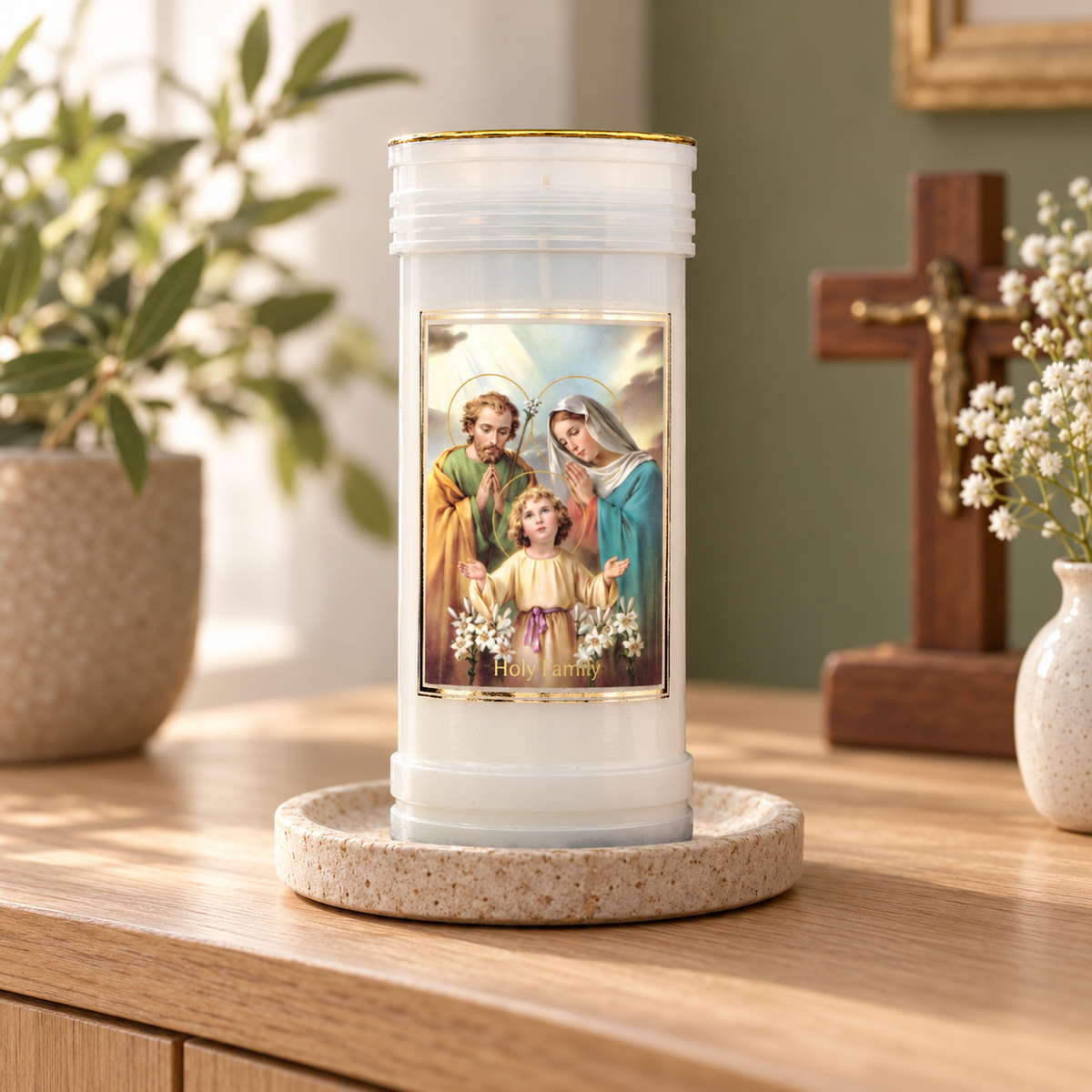 Holy Family Prayer Pillar Candle – 14cm — styled lifestyle photograph