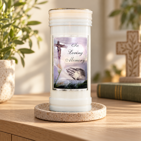 In Loving Memory Prayer Pillar Candle – Cross & Praying Hands — styled lifestyle photograph