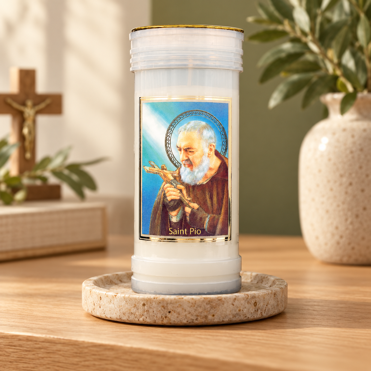 Saint Pio Prayer Pillar Candle – 14cm — styled lifestyle photograph