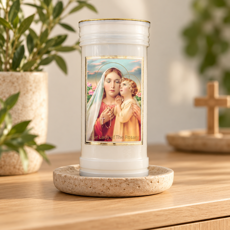 Our Lady of the Rosary Prayer Pillar Candle – 14cm — styled lifestyle photograph
