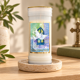 Holy Spirit Prayer Pillar Candle – 14cm — styled lifestyle photograph