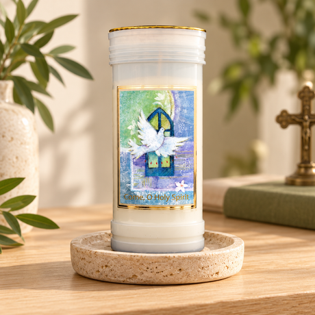 Holy Spirit Prayer Pillar Candle – 14cm — styled lifestyle photograph