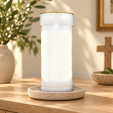 Plain White Prayer Pillar Candle in Container – 14cm — styled lifestyle photograph