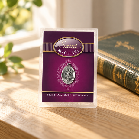Saint Michael Leaflet with Oxidised Medal — styled lifestyle photograph