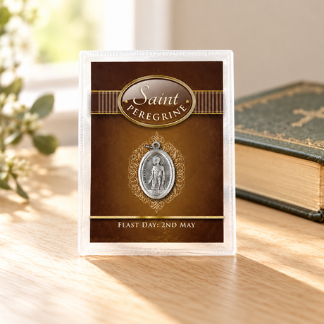 Saint Peregrine Leaflet with Oxidised Medal — styled lifestyle photograph