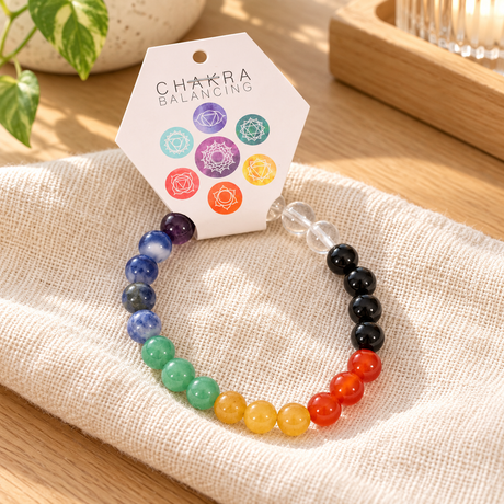 Seven Chakra Crystal Ball Bead Bracelet — styled lifestyle product photograph