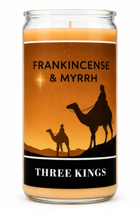 Frankincense & Myrrh 14 Day Dressed Candle — front view on a white studio background