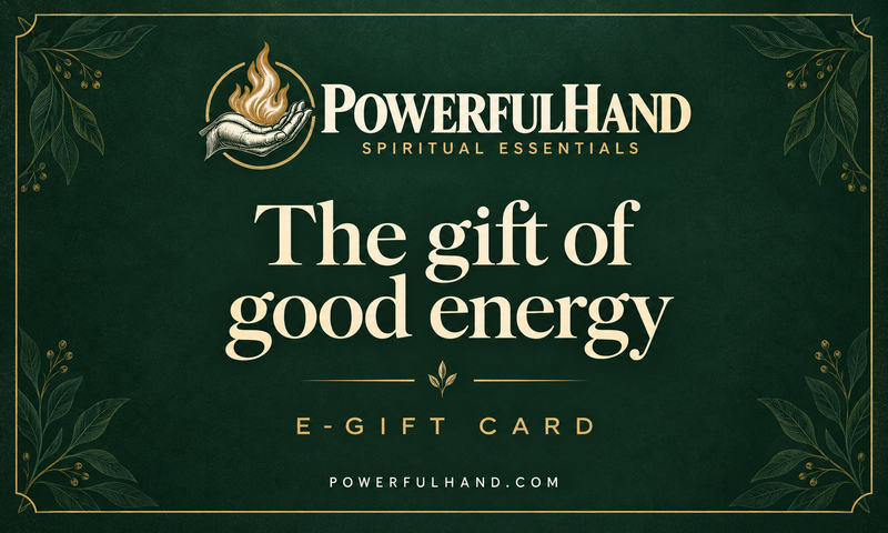 PowerfulHand E-Gift Card — The gift of good energy, forest green with gold botanical details and hand-and-flame branding