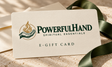 PowerfulHand E-Gift Card — ivory textured card with green hand-and-flame branding and an olive satin ribbon