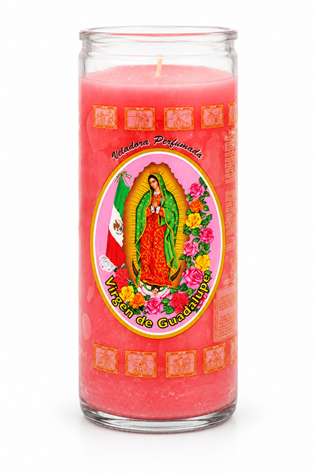 Guadalupe 14 Day Dressed Candle — front view on a white studio background