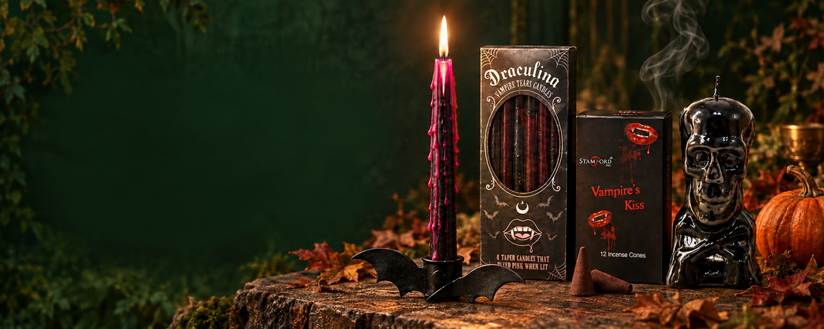 Halloween collection with Vampire Tears candles, bat candle holder, Vampire Kiss incense and black skull candle