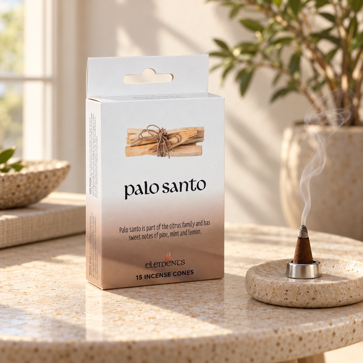 Elements Palo Santo Incense Cones – 15 Pack — styled lifestyle product photograph