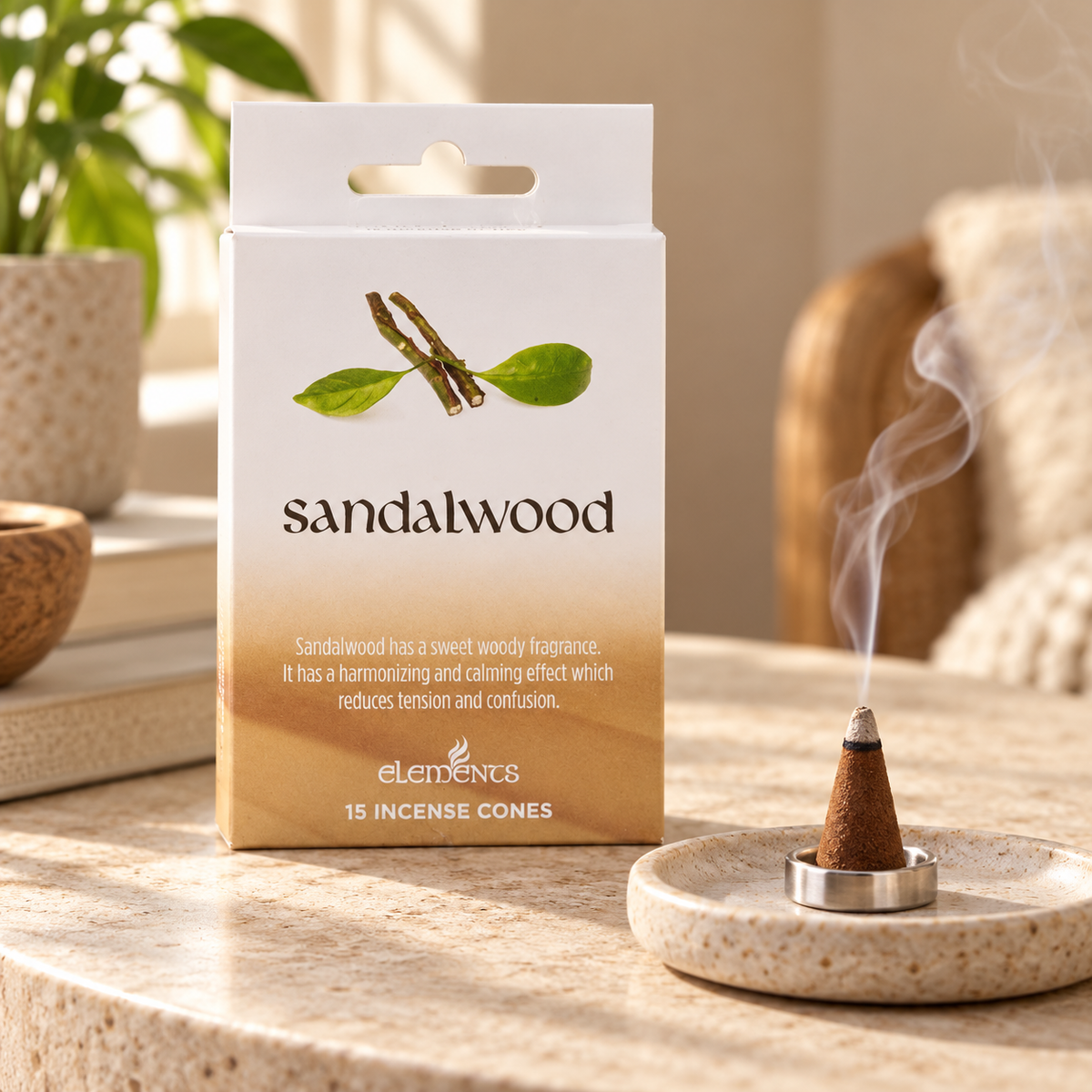 Elements Sandalwood Incense Cones – 15 Pack — styled lifestyle product photograph