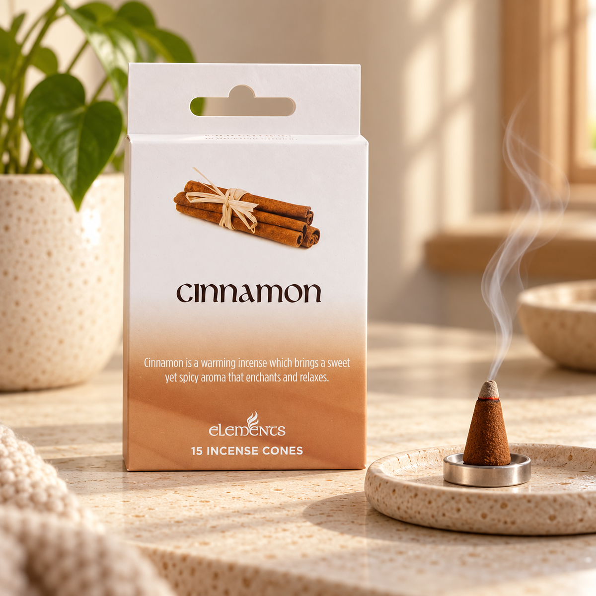 Elements Cinnamon Incense Cones – 15 Pack — styled lifestyle product photograph