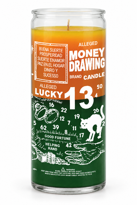 Money Drawing 14 Day Candle — front view on a white studio background