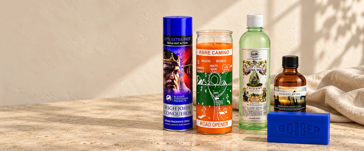 PowerfulHand best sellers: High John room spray, Road Opener candle, Florida Water, Request an Oil and Bomber Blue soap