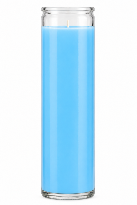 Sky Blue Plain Glass Candle — front view on a white studio background
