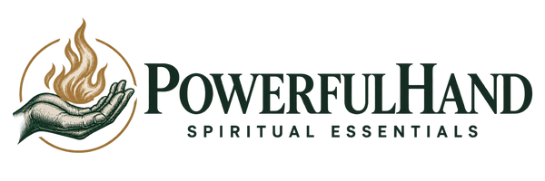 PowerfulHand Spiritual Essentials — traditional hand and flame with bold green lettering