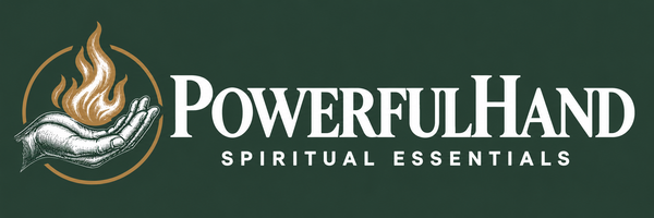 PowerfulHand Spiritual Essentials — white lettering with traditional hand and gold flame