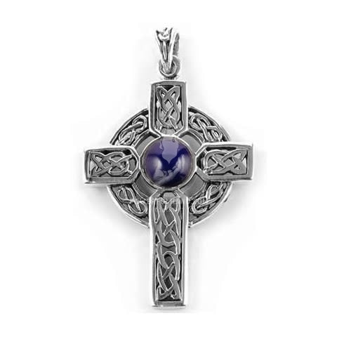 Pendentif croix celtique ornée et lapis-lazuli