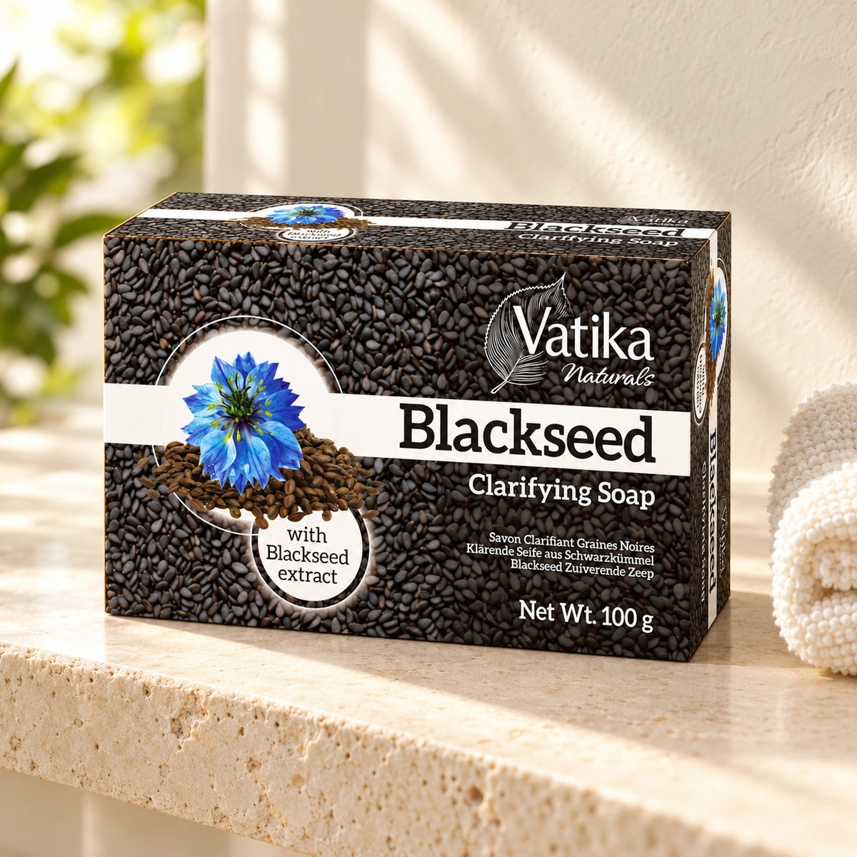 Vatika Naturals Black Seed Soap 100g on a limestone shelf with cream towels