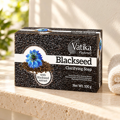 Vatika Naturals Black Seed Soap 100g on a limestone shelf with cream towels
