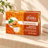 Vatika Naturals Turmeric Soap 100g on a limestone shelf with cream towels